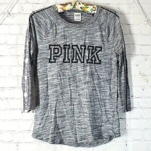 2017 Victoria's Secret PINK Gray Logo Quarter Sleeve Print Tee Tshirt Size Small